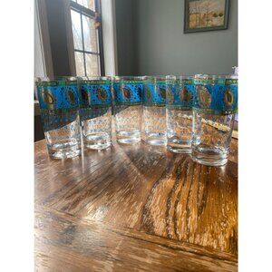 Vintage Cera Paisley Blue Turquoise 22K Gold Highball Glasses Barware Set